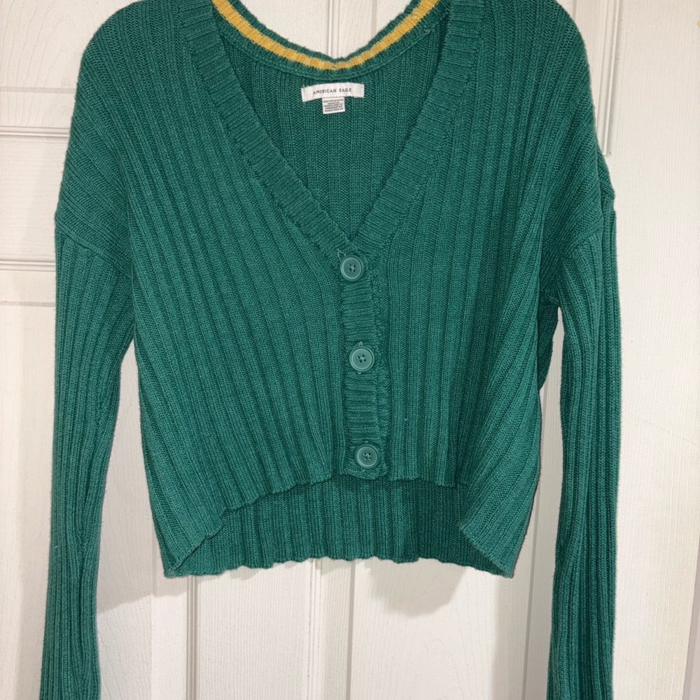 American Eagle Green Cable Knit V-Neck Sweater